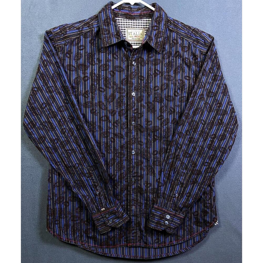 Vintage ITALIA 1958 Mens Blue Brown Paisley Print Button Up Shirt Sz. Large EUC!
